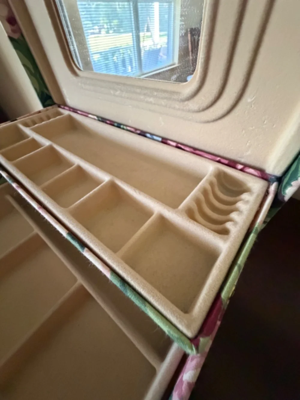 Vintage 80s Floral Fabric Two Tier Jewelry Box Case w/Mirror 10.5